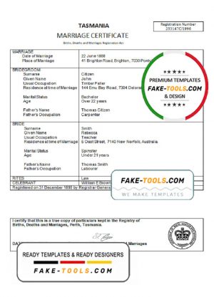 Australia Tasmania marriage certificate template in Word format