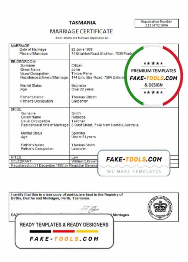 Australia Tasmania marriage certificate template in Word format