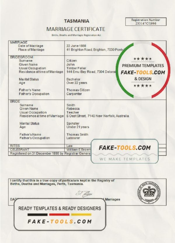 Australia Tasmania marriage certificate template in Word format