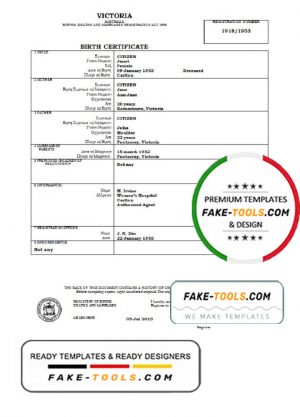 Australia Victoria birth certificate template in Word format, version 1