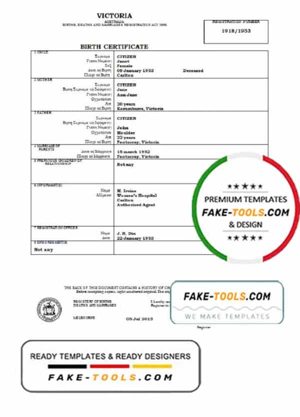Australia Victoria birth certificate template in Word format, version 1