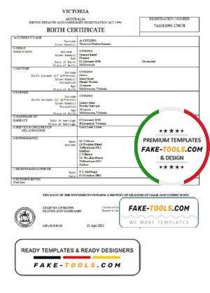 Australia Victoria birth certificate template in Word format, version 2