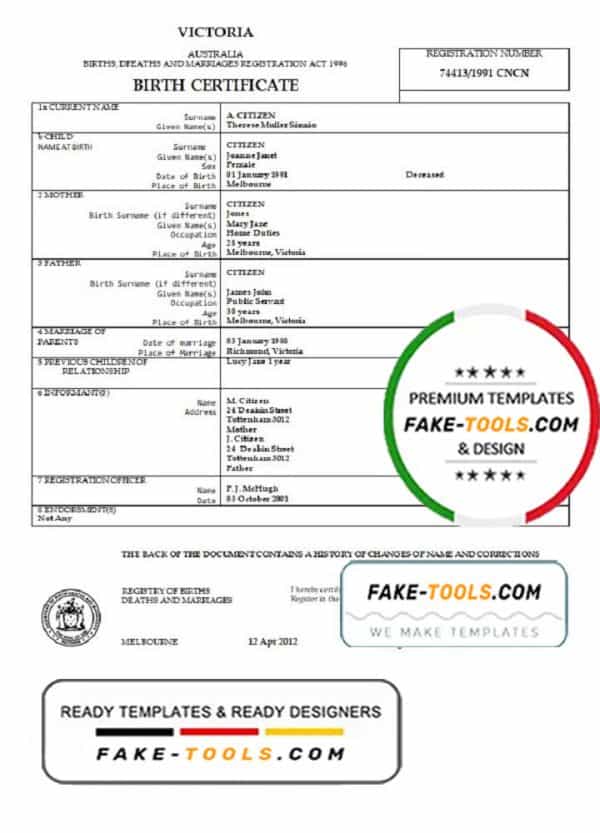 Australia Victoria birth certificate template in Word format, version 2