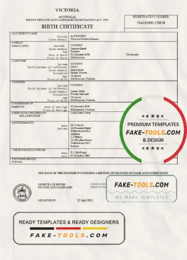 Australia Victoria birth certificate template in Word format, version 2