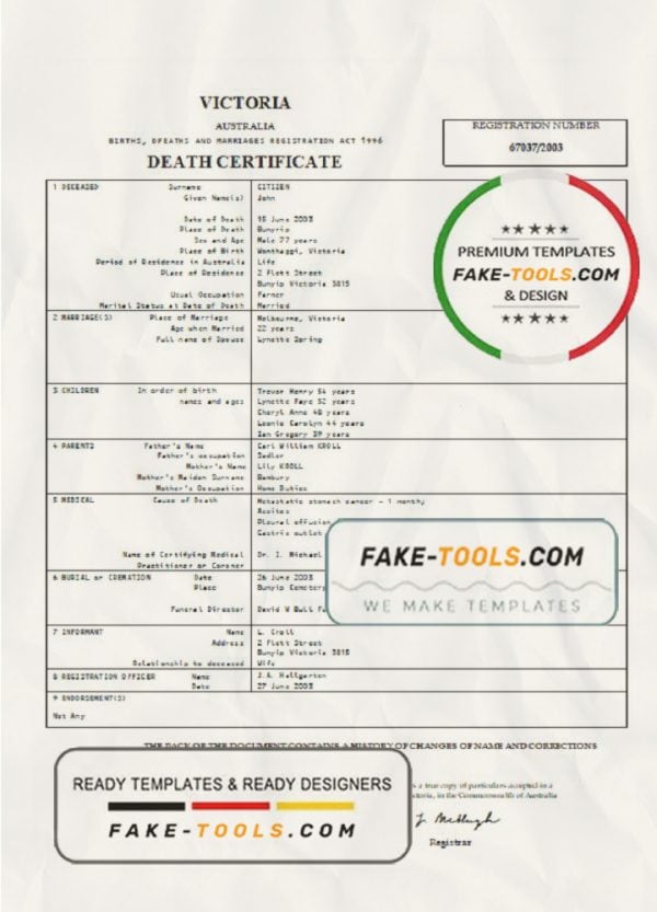 Australia Victoria death certificate template in Word format