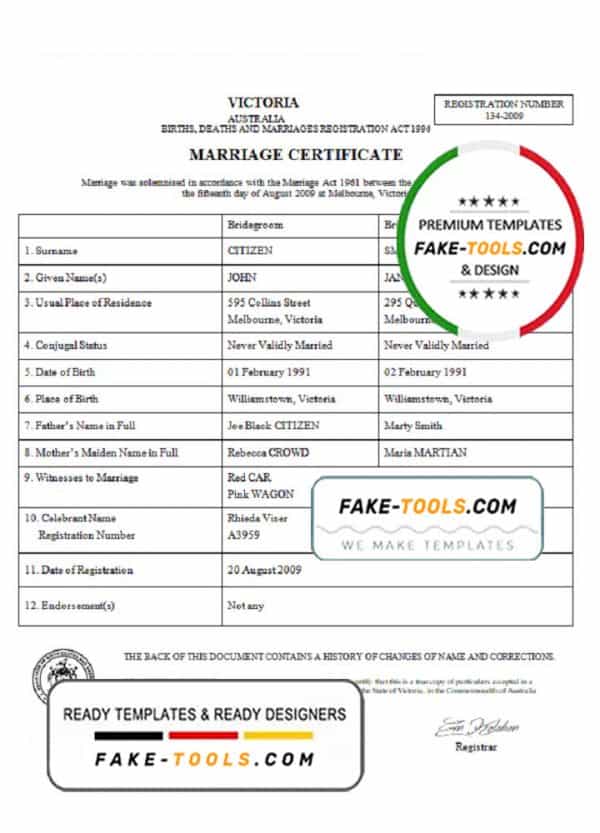 Australia Victoria marriage certificate template in Word format