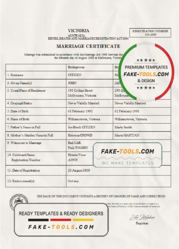 Australia Victoria marriage certificate template in Word format