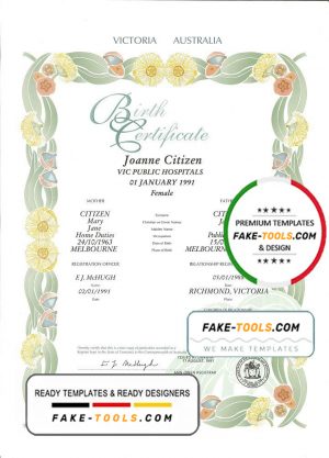 Australia Victoria state decorative (commemorative) birth certificate template in PSD format, fully editable