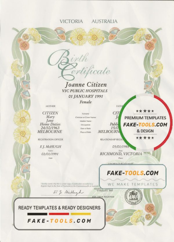 Australia Victoria state decorative (commemorative) birth certificate template in PSD format, fully editable