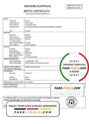 Australia Western Australia birth certificate template in Word format, version 1