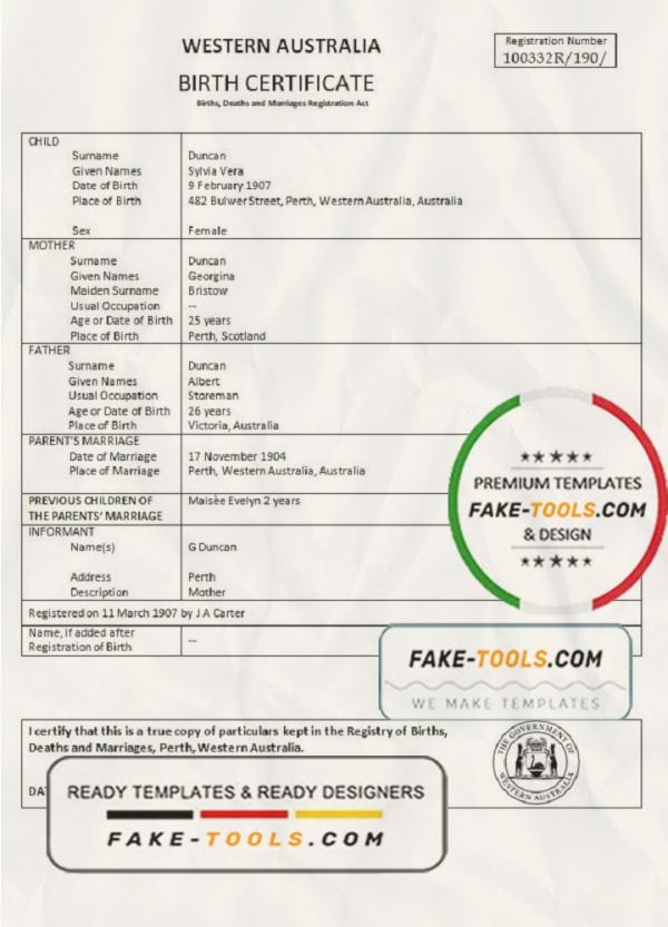 Australia Western Australia birth certificate template in Word format, version 1