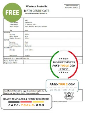 Australia Western Australia birth certificate template in Word format, version 2