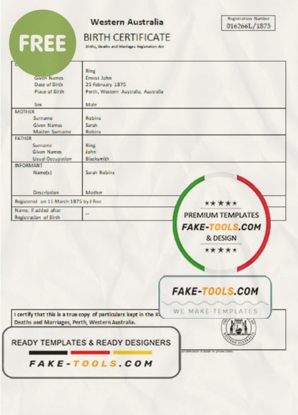 Australia Western Australia birth certificate template in Word format, version 2