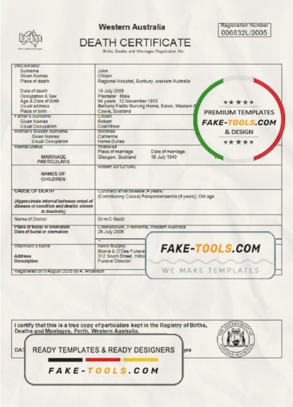 Australia Western Australia death certificate template in Word format