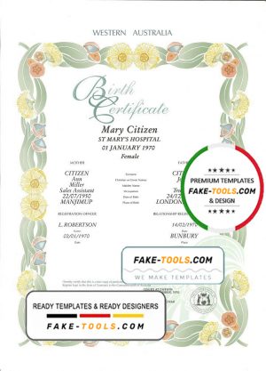 Australia Western Australia decorative (commemorative) birth certificate template in PSD format, fully editable