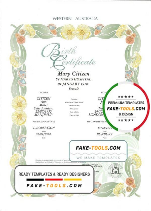 Australia Western Australia decorative (commemorative) birth certificate template in PSD format, fully editable