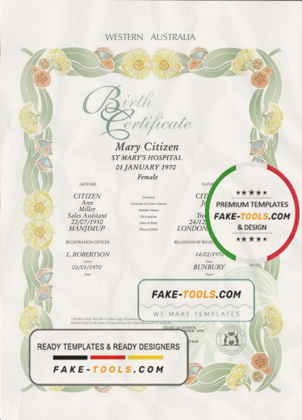 Australia Western Australia decorative (commemorative) birth certificate template in PSD format, fully editable