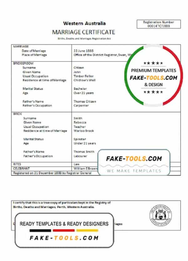 Australia Western Australia marriage certificate template in Word format