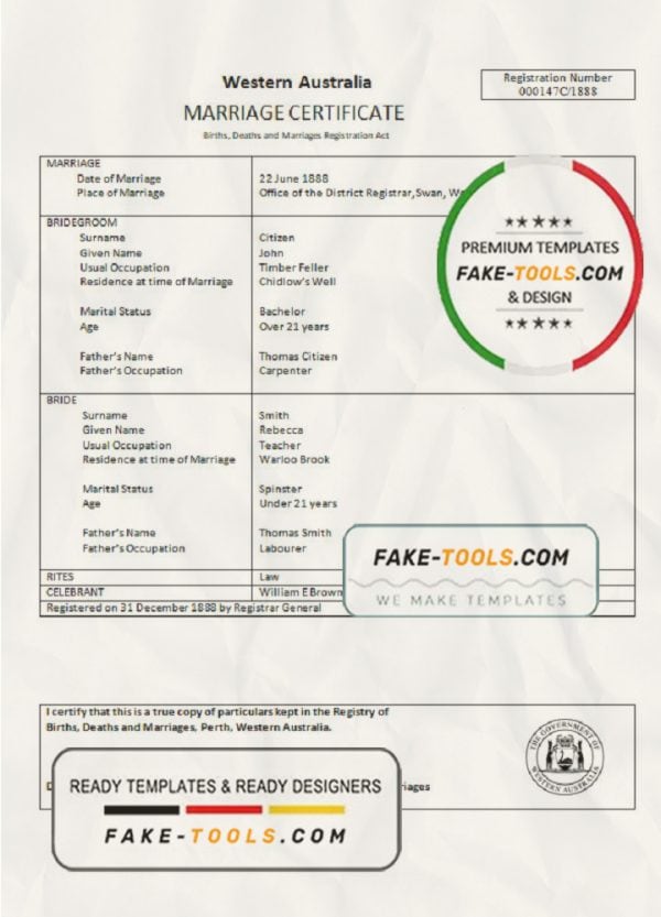 Australia Western Australia marriage certificate template in Word format