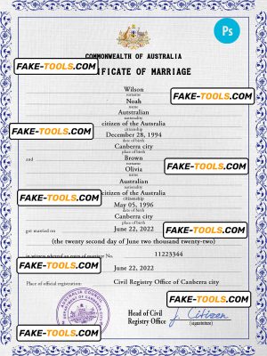 Australia marriage certificate PSD template, completely editable