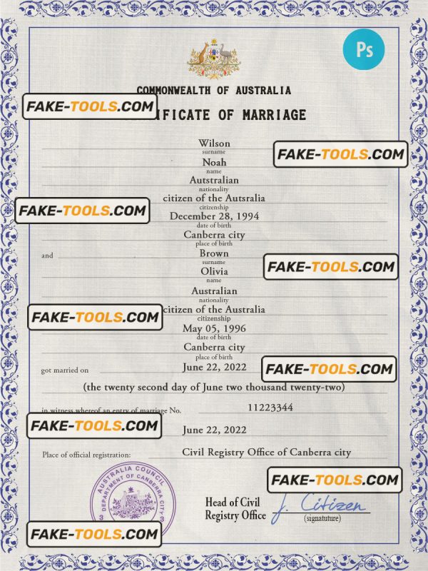 Australia marriage certificate PSD template, completely editable