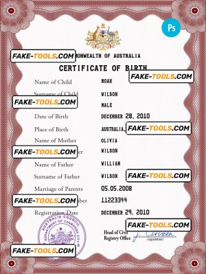 Australia vital record birth certificate PSD template