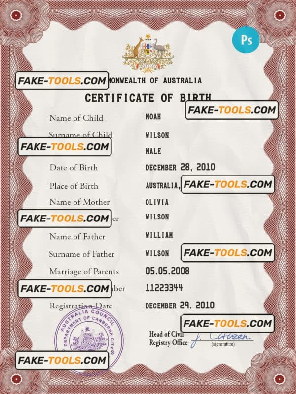 Australia vital record birth certificate PSD template