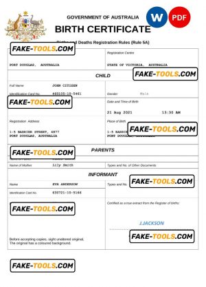Australia vital record birth certificate Word and PDF template, completely editable