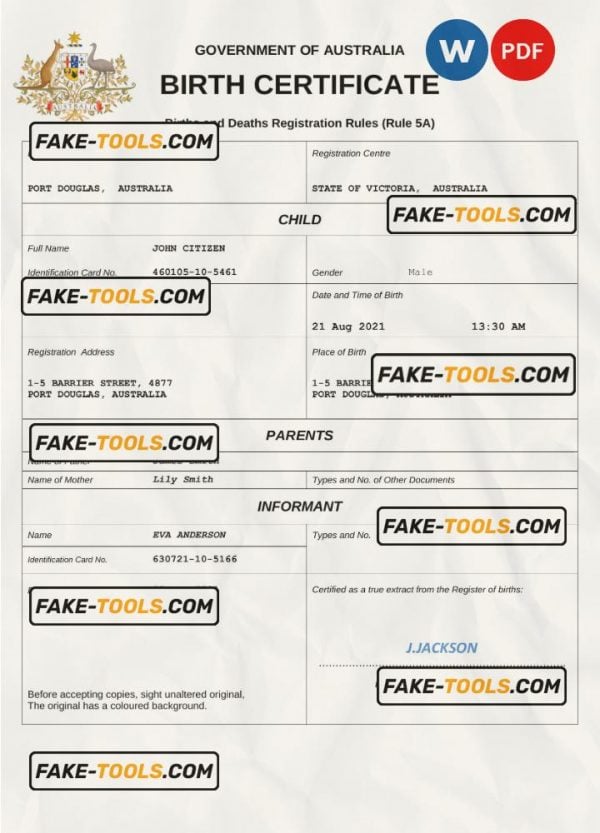 Australia vital record birth certificate Word and PDF template, completely editable