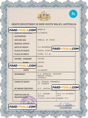 Australia vital record death certificate PSD template, fully editable