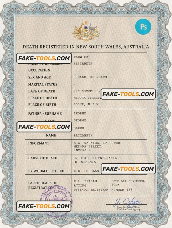 Australia vital record death certificate PSD template, fully editable