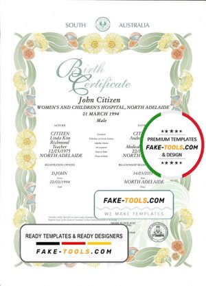 Australian South Australia decorative (commemorative) birth certificate template in PSD format, fully editable