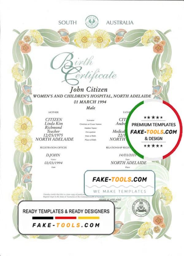Australian South Australia decorative (commemorative) birth certificate template in PSD format, fully editable