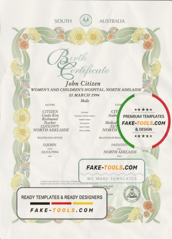 Australian South Australia decorative (commemorative) birth certificate template in PSD format, fully editable