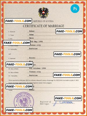 Austria marriage certificate PSD template, fully editable