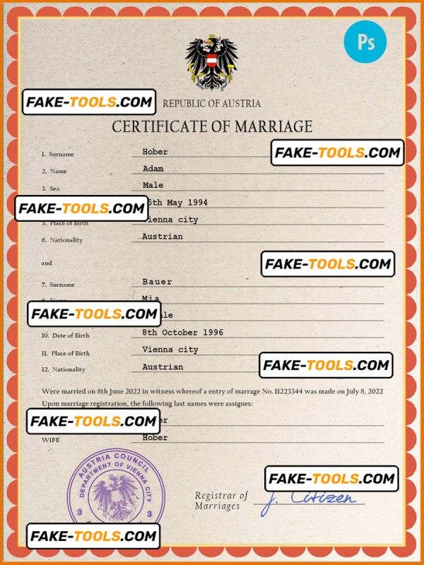 Austria marriage certificate PSD template, fully editable