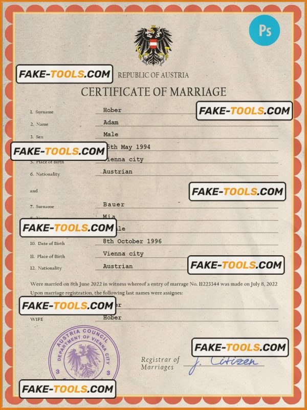Austria marriage certificate PSD template, fully editable