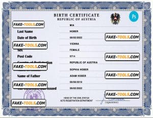 Austria vital record birth certificate PSD template, completely editable