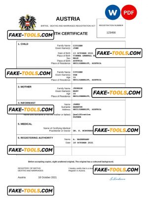 Austria vital record birth certificate Word and PDF template