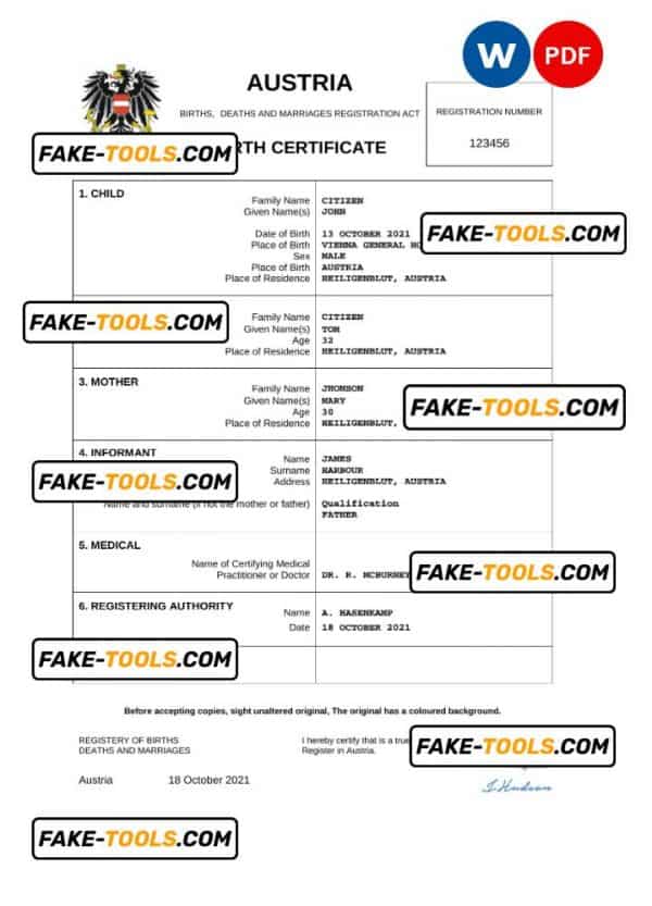 Austria vital record birth certificate Word and PDF template