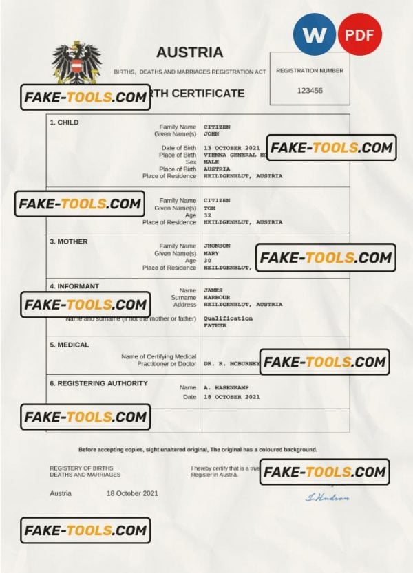 Austria vital record birth certificate Word and PDF template