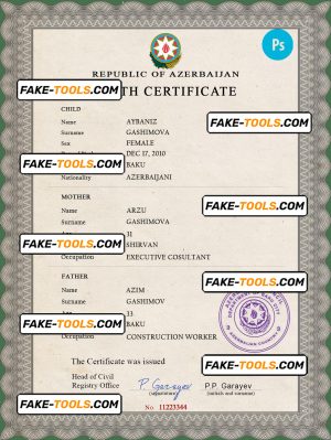 Azerbaijan birth certificate PSD template, completely editable