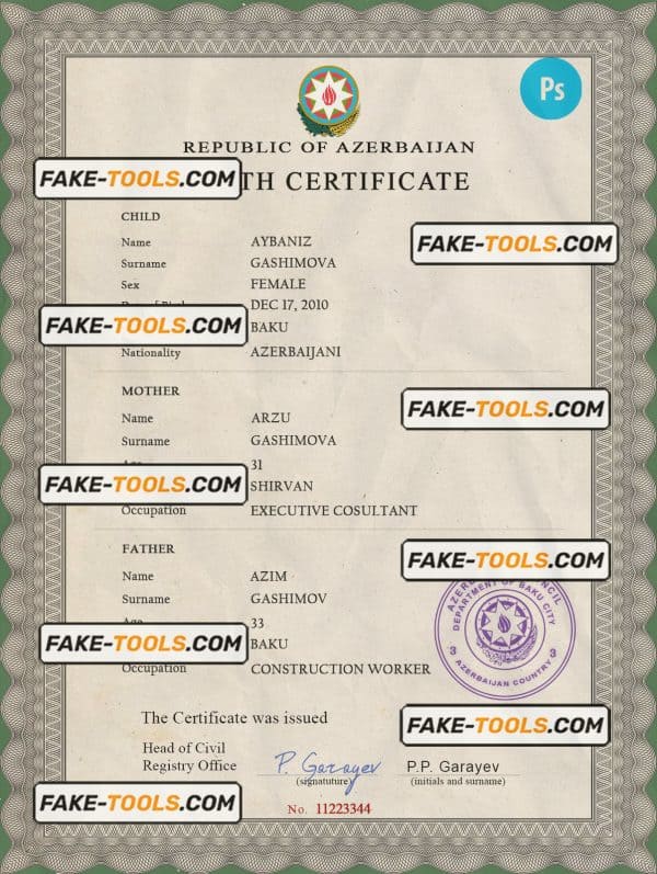 Azerbaijan birth certificate PSD template, completely editable