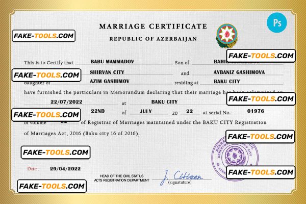 Azerbaijan marriage certificate PSD template, completely editable