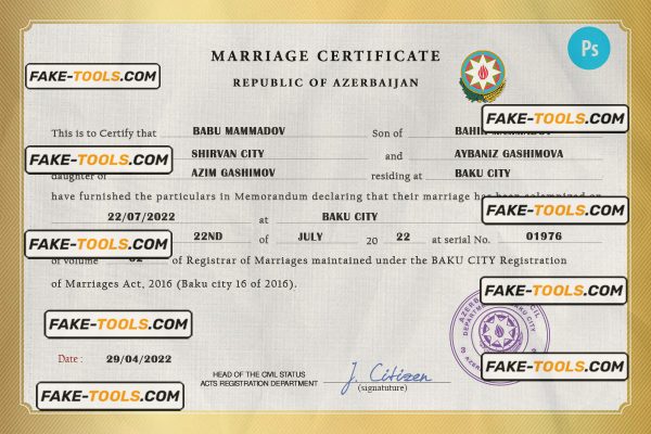 Azerbaijan marriage certificate PSD template, completely editable