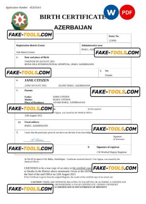Azerbaijan vital record birth certificate Word and PDF template, fully editable