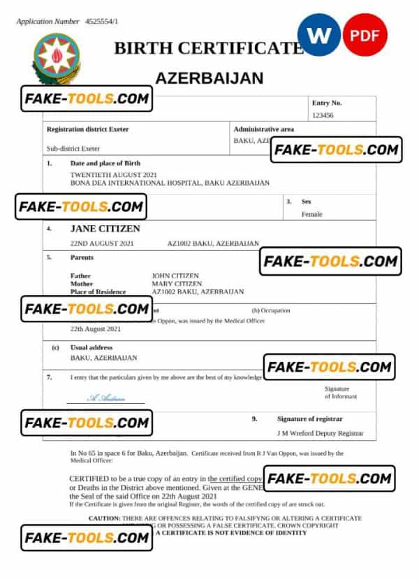 Azerbaijan vital record birth certificate Word and PDF template, fully editable