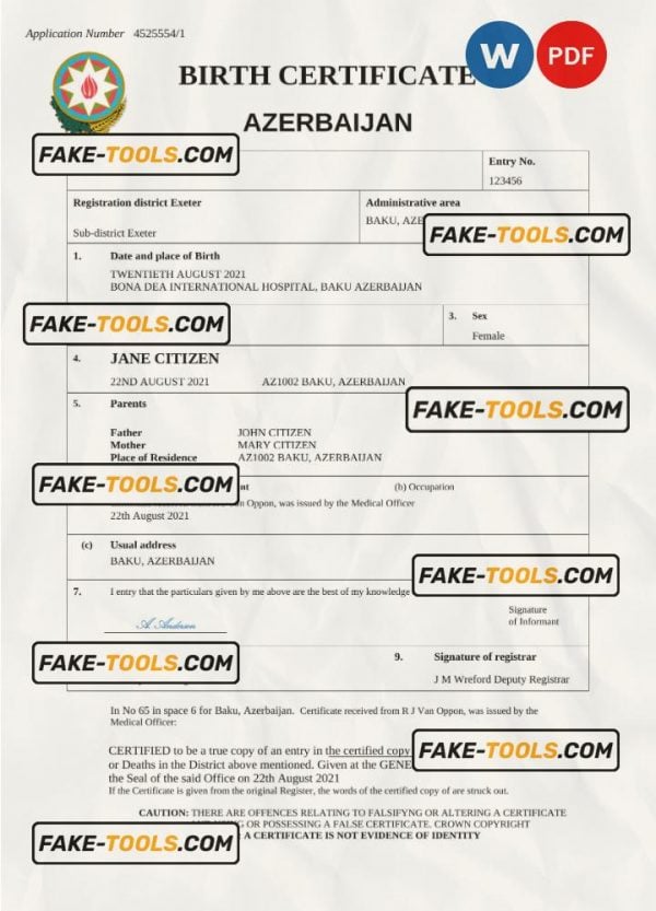 Azerbaijan vital record birth certificate Word and PDF template, fully editable