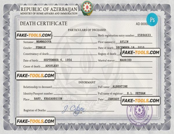 Azerbaijan vital record death certificate PSD template, completely editable
