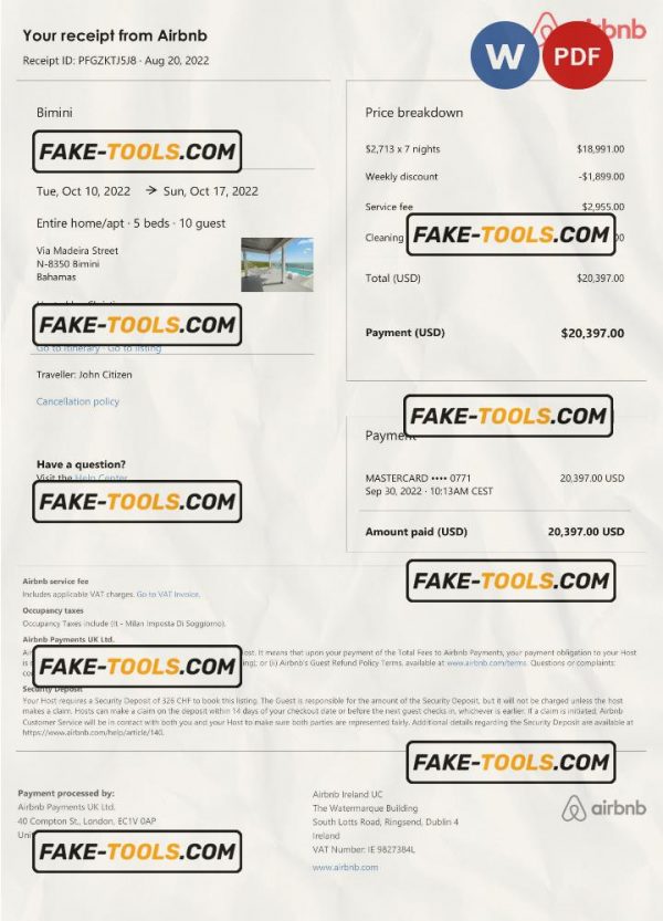 Bahamas Airbnb booking confirmation Word and PDF template scan effect